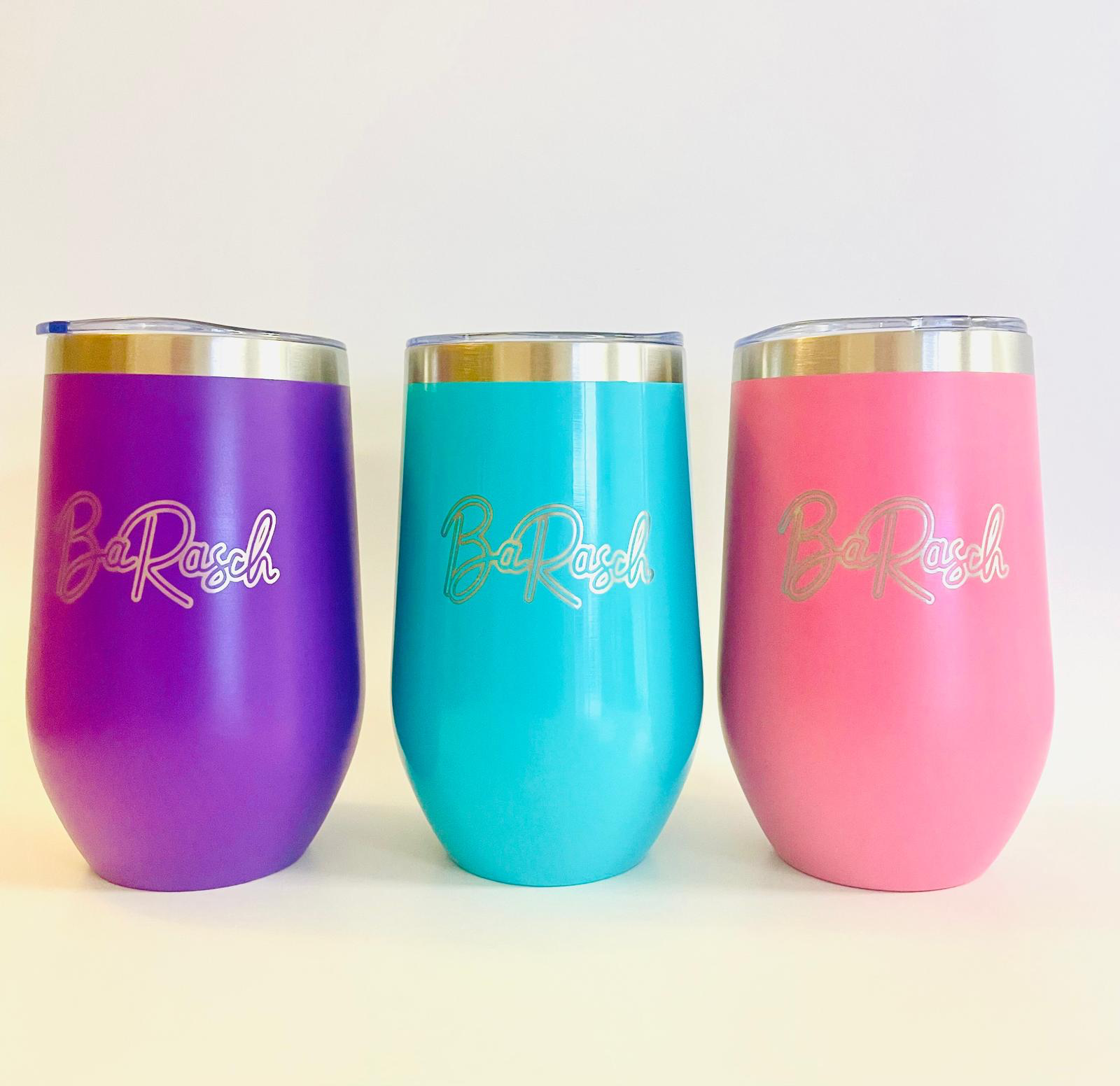 Vasos térmicos morado, turquesa y rosado con logo grabado a láser